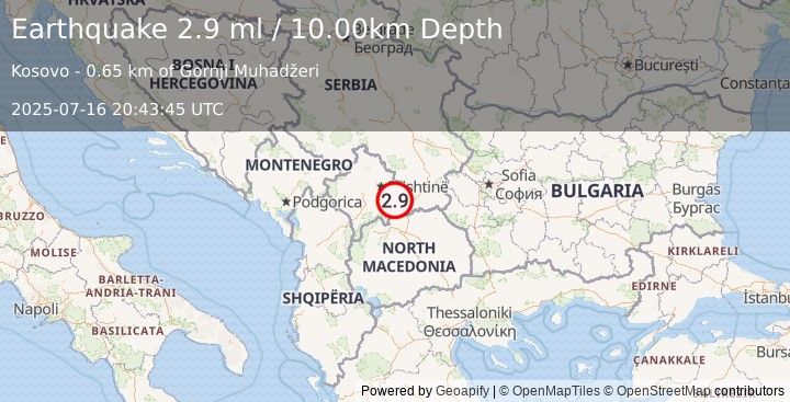 Earthquake KOSOVO-SERBIA-N MAC. BORDER REG. (2.9 m) (2025-07-16 20:43:46 UTC)