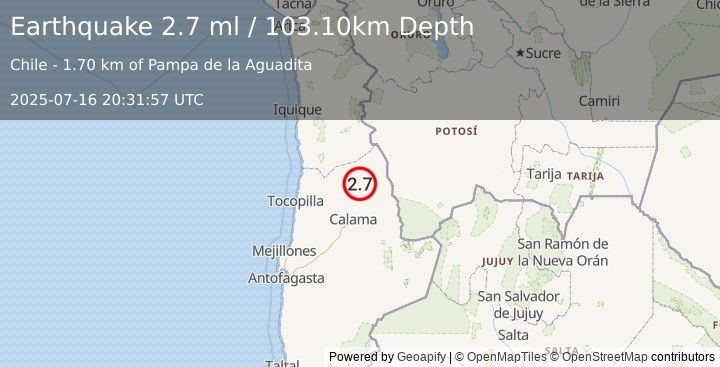 Earthquake ANTOFAGASTA, CHILE (2.7 ml) (2025-07-16 20:31:57 UTC)