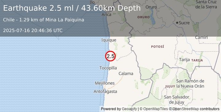 Earthquake TARAPACA, CHILE (2.5 ml) (2025-07-16 20:46:36 UTC)