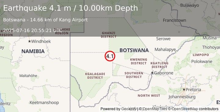 Earthquake BOTSWANA (4.1 m) (2025-07-16 20:55:21 UTC)