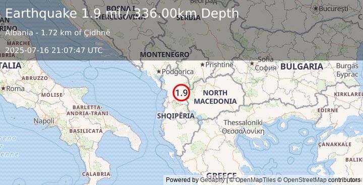 Earthquake ALBANIA (2.6 ml) (2025-07-16 21:07:46 UTC)