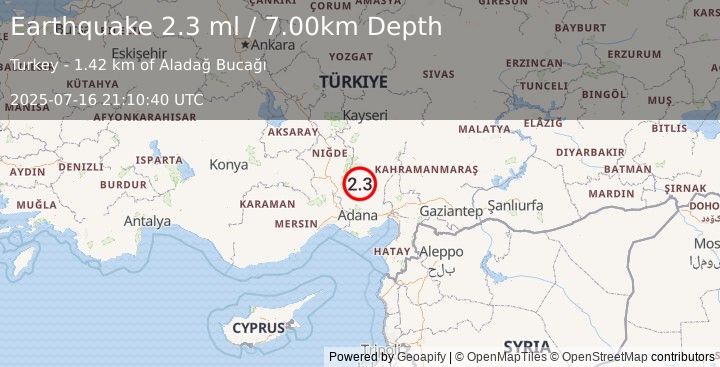 Earthquake CENTRAL TURKEY (2.3 ml) (2025-07-16 21:10:40 UTC)