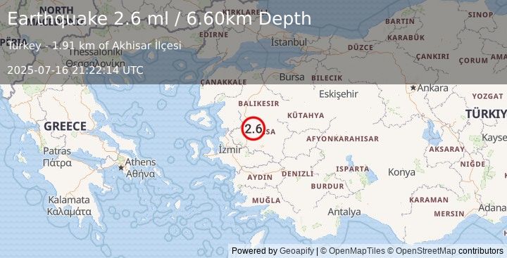 Earthquake WESTERN TURKEY (2.6 ml) (2025-07-16 21:22:14 UTC)