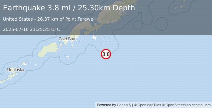 Earthquake SOUTH OF ALASKA (3.8 ml) (2025-07-16 21:25:25 UTC)