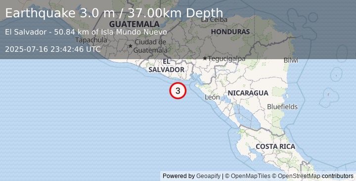 Earthquake OFFSHORE EL SALVADOR (3.0 m) (2025-07-16 23:42:46 UTC)