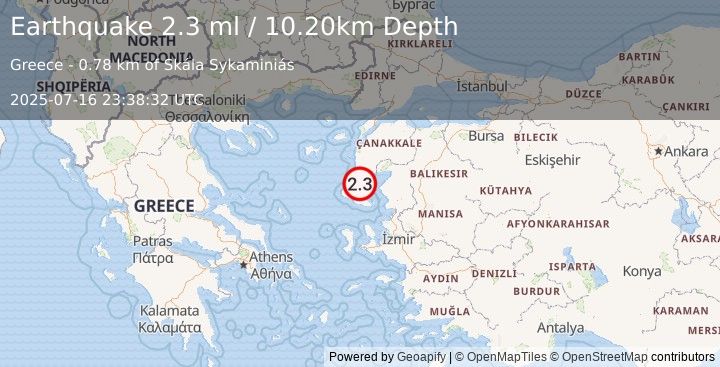 Earthquake NEAR THE COAST OF WESTERN TURKEY (2.3 ml) (2025-07-16 23:38:32 UTC)