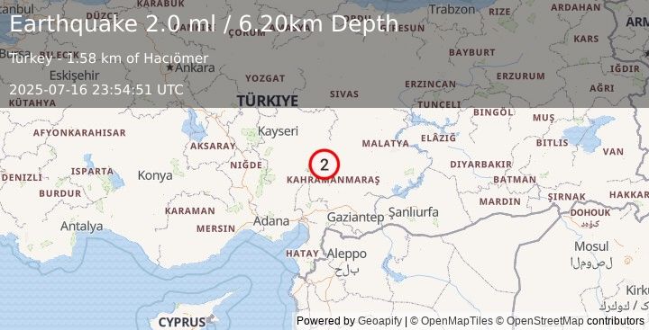 Earthquake CENTRAL TURKEY (1.9 ml) (2025-07-16 23:54:52 UTC)