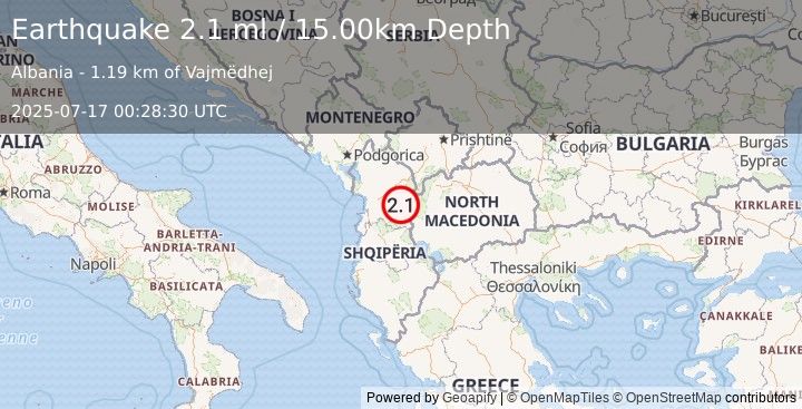 Earthquake ALBANIA (2.1 ml) (2025-07-17 00:28:30 UTC)