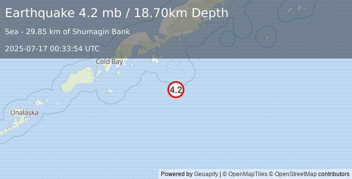 Earthquake SOUTH OF ALASKA (4.0 ml) (2025-07-17 00:33:55 UTC)