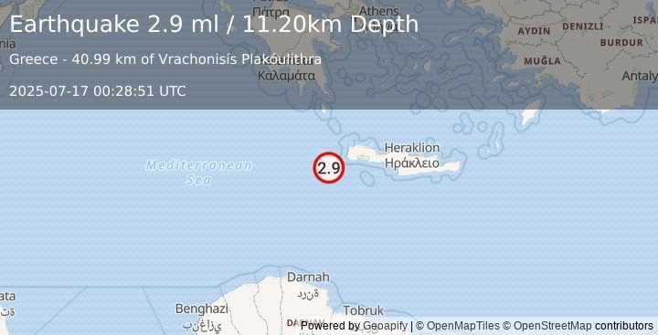 Earthquake CRETE, GREECE (2.9 ml) (2025-07-17 00:28:51 UTC)