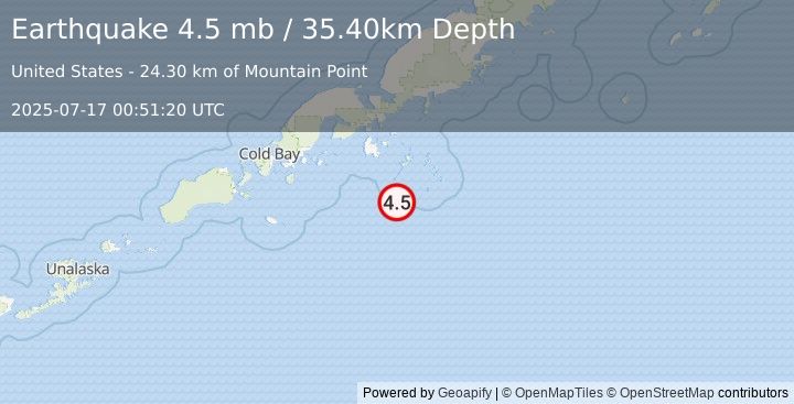 Earthquake ALASKA PENINSULA (4.5 mb) (2025-07-17 00:51:20 UTC)