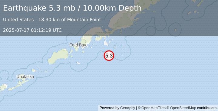 Earthquake ALASKA PENINSULA (5.2 mb) (2025-07-17 01:12:21 UTC)