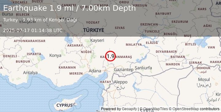 Earthquake CENTRAL TURKEY (1.9 ml) (2025-07-17 01:14:38 UTC)