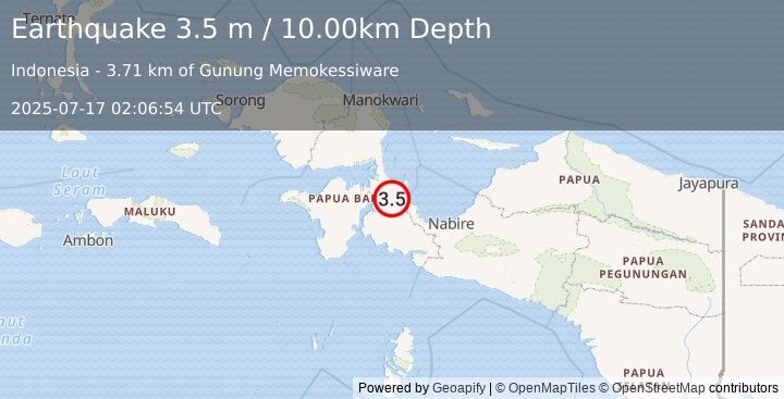 Earthquake NEAR N COAST OF PAPUA, INDONESIA (3.5 m) (2025-07-17 02:06:54 UTC)