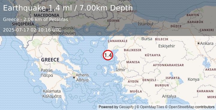 Earthquake NEAR THE COAST OF WESTERN TURKEY (1.4 ml) (2025-07-17 02:10:16 UTC)