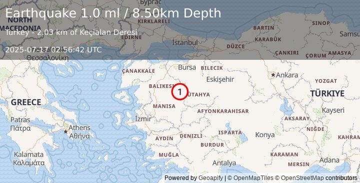 Earthquake WESTERN TURKEY (1.0 ml) (2025-07-17 02:56:42 UTC)