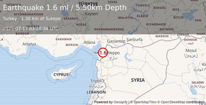 Earthquake TURKEY-SYRIA BORDER REGION (1.6 ml) (2025-07-17 03:28:34 UTC)