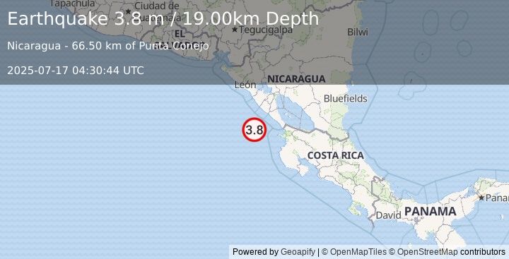 Earthquake NEAR COAST OF NICARAGUA (3.8 m) (2025-07-17 04:30:44 UTC)
