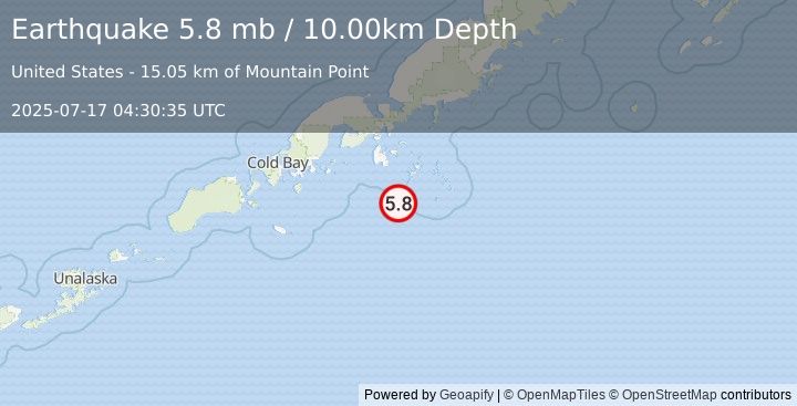 Earthquake ALASKA PENINSULA (5.7 mw) (2025-07-17 04:30:37 UTC)