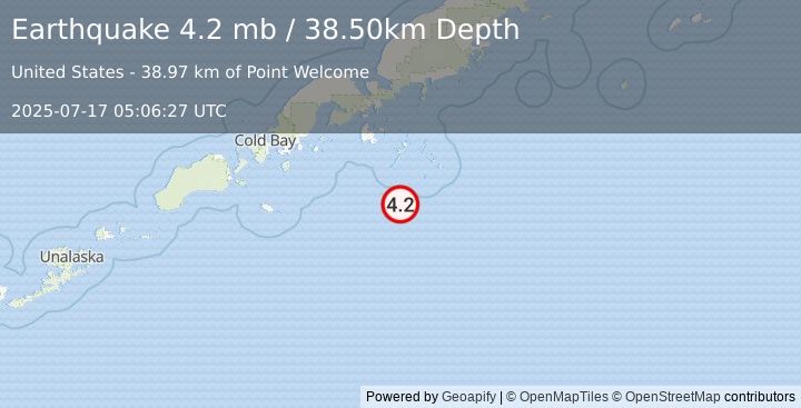 Earthquake ALASKA PENINSULA (4.2 mb) (2025-07-17 05:06:27 UTC)