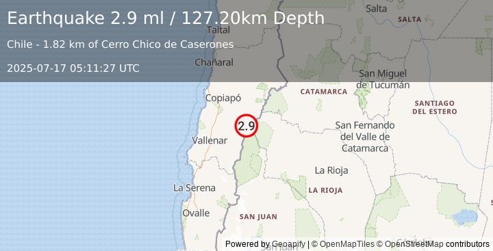 Earthquake ATACAMA, CHILE (2.9 ml) (2025-07-17 05:11:27 UTC)