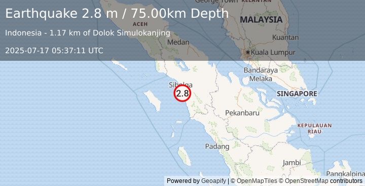 Earthquake NORTHERN SUMATRA, INDONESIA (2.8 m) (2025-07-17 05:37:11 UTC)