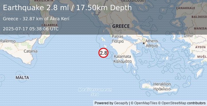 Earthquake IONIAN SEA (2.8 ml) (2025-07-17 05:38:06 UTC)