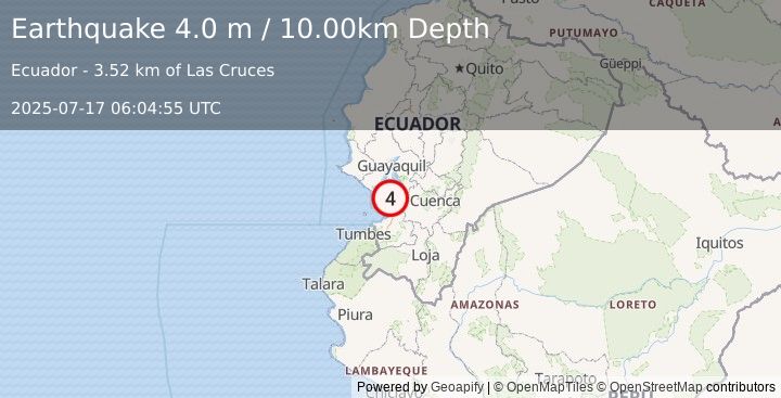 Earthquake NEAR COAST OF ECUADOR (4.0 m) (2025-07-17 06:04:55 UTC)