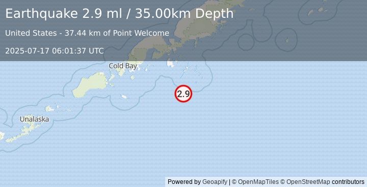 Earthquake ALASKA PENINSULA (2.9 ml) (2025-07-17 06:01:37 UTC)