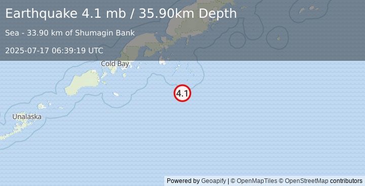Earthquake SOUTH OF ALASKA (4.1 mb) (2025-07-17 06:39:19 UTC)