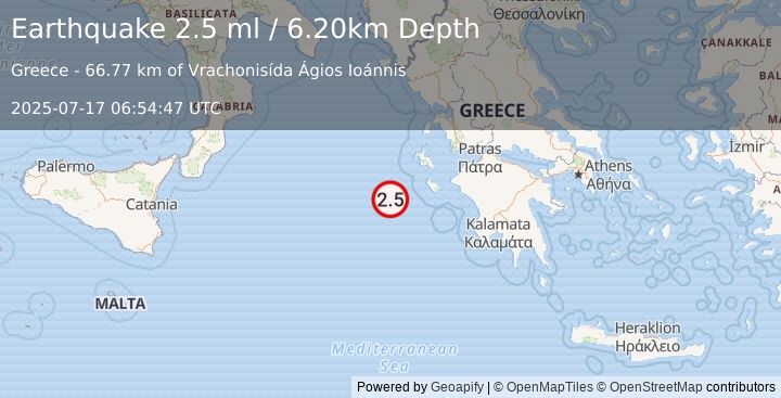 Earthquake IONIAN SEA (2.5 ml) (2025-07-17 06:54:47 UTC)