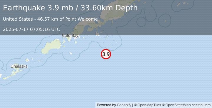 Earthquake ALASKA PENINSULA (3.9 mb) (2025-07-17 07:05:16 UTC)
