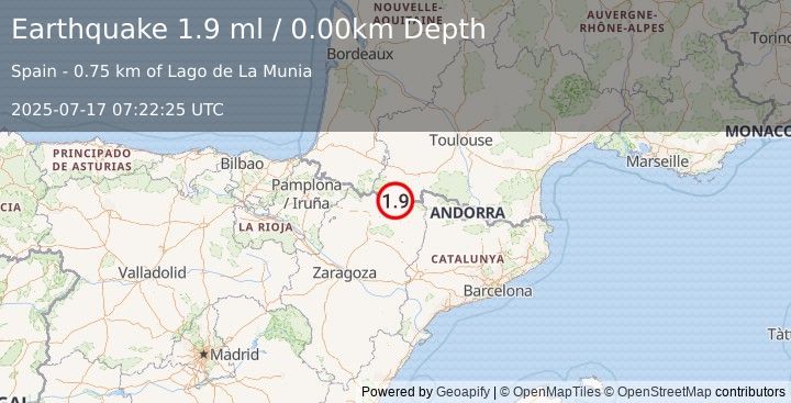 Earthquake PYRENEES (1.9 ml) (2025-07-17 07:22:25 UTC)