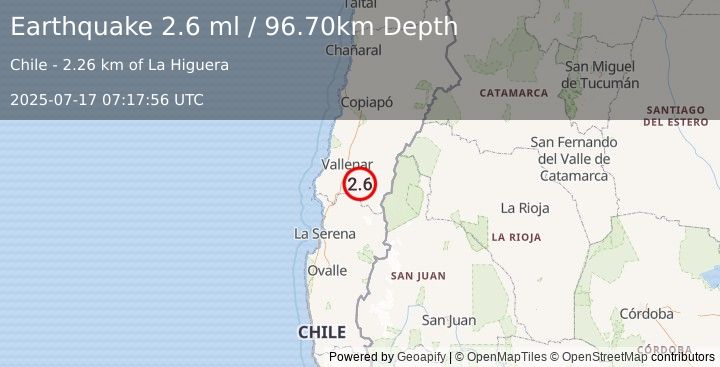 Earthquake ATACAMA, CHILE (2.6 ml) (2025-07-17 07:17:56 UTC)