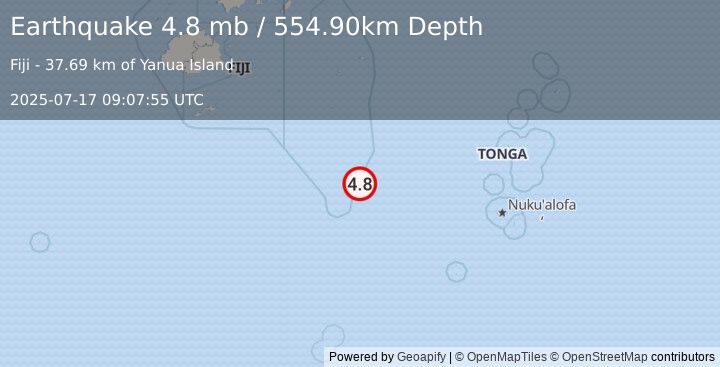 Earthquake FIJI REGION (4.8 mb) (2025-07-17 09:07:55 UTC)