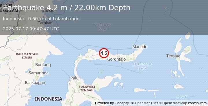 Earthquake MINAHASA, SULAWESI, INDONESIA (4.2 m) (2025-07-17 09:47:47 UTC)