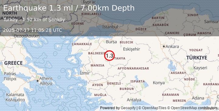 Earthquake WESTERN TURKEY (1.3 ml) (2025-07-17 11:05:28 UTC)