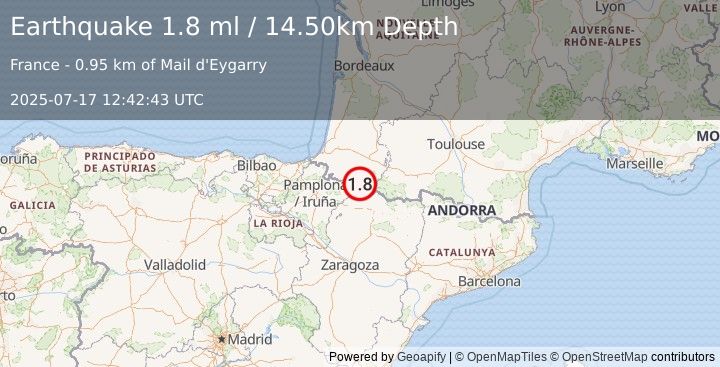 Earthquake PYRENEES (1.8 ml) (2025-07-17 12:42:43 UTC)