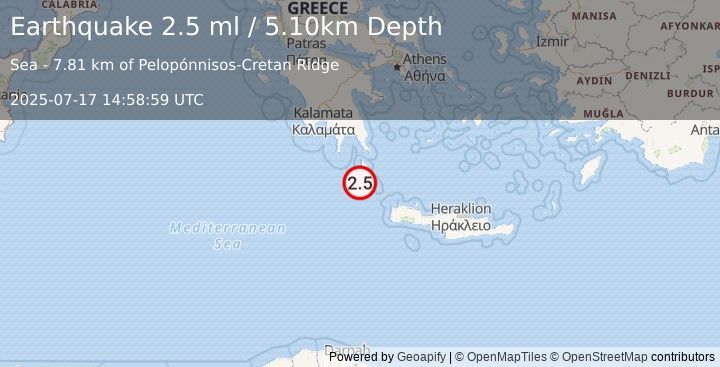 Earthquake CENTRAL MEDITERRANEAN SEA (2.5 ml) (2025-07-17 14:58:59 UTC)