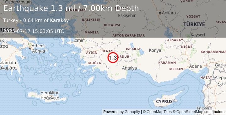 Earthquake WESTERN TURKEY (1.3 ml) (2025-07-17 15:03:05 UTC)
