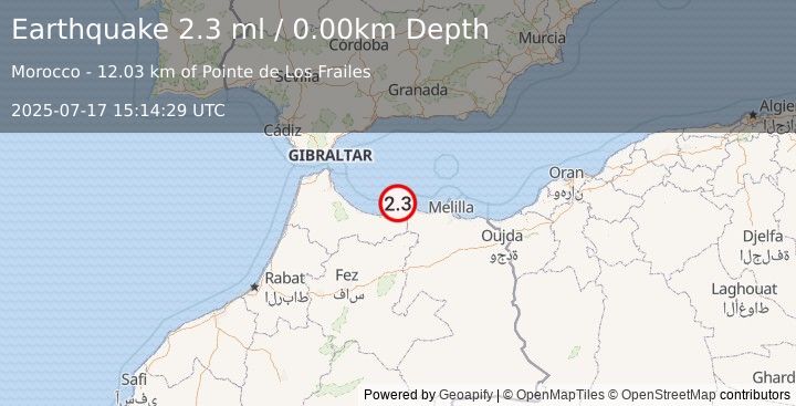 Earthquake STRAIT OF GIBRALTAR (2.3 ml) (2025-07-17 15:14:29 UTC)