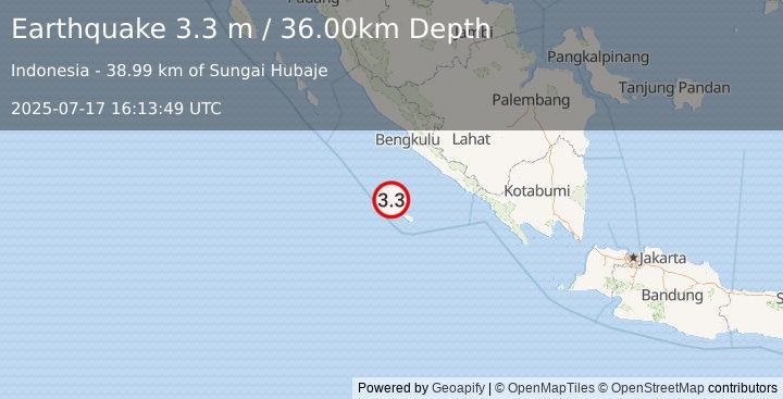 Earthquake SOUTHWEST OF SUMATRA, INDONESIA (3.3 m) (2025-07-17 16:13:49 UTC)