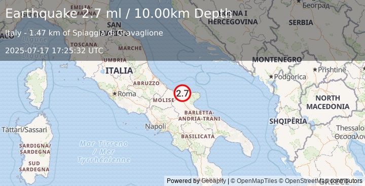 Earthquake SOUTHERN ITALY (2.7 ml) (2025-07-17 17:25:32 UTC)