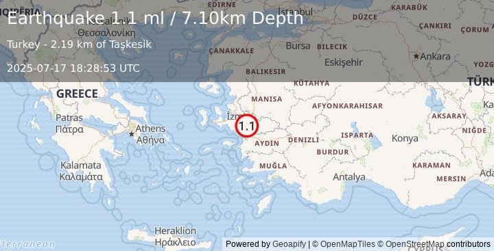 Earthquake WESTERN TURKEY (1.1 ml) (2025-07-17 18:28:53 UTC)