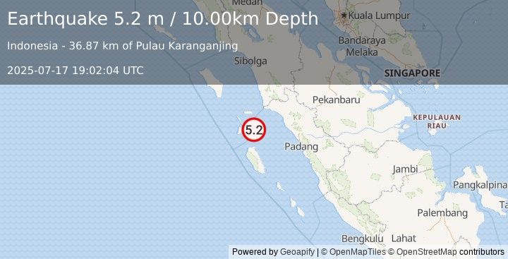 Earthquake SOUTHERN SUMATRA, INDONESIA (5.3 mb) (2025-07-17 19:02:11 UTC)
