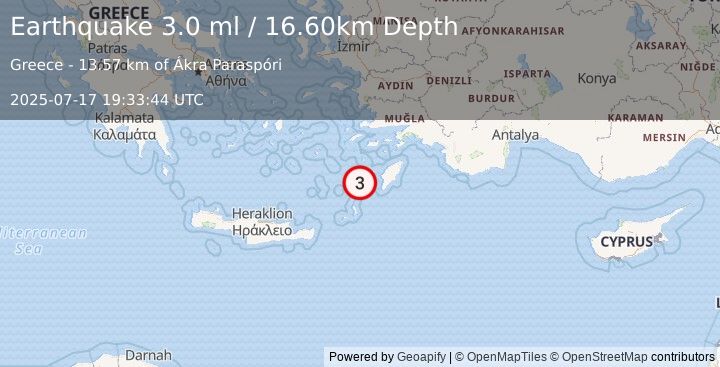 Earthquake DODECANESE IS.-TURKEY BORDER REG (3.0 ml) (2025-07-17 19:33:44 UTC)