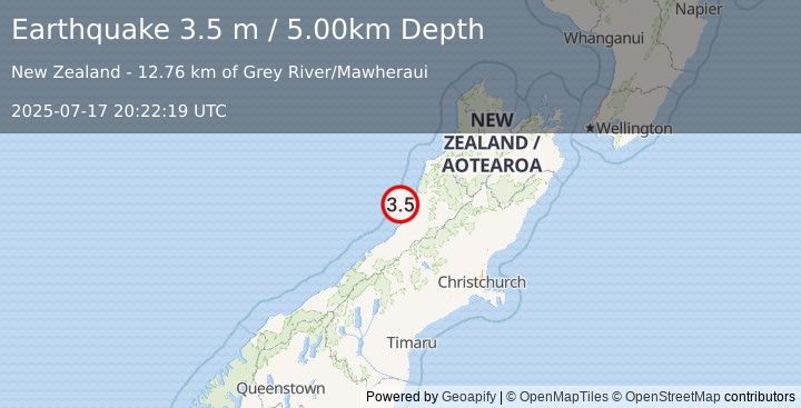 Earthquake SOUTH ISLAND OF NEW ZEALAND (3.5 m) (2025-07-17 20:22:19 UTC)