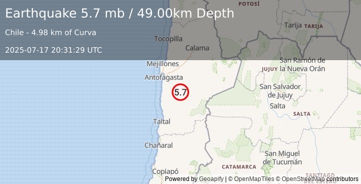 Earthquake ANTOFAGASTA, CHILE (5.1 mw) (2025-07-17 20:31:30 UTC)