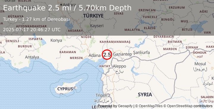 Earthquake CENTRAL TURKEY (2.6 ml) (2025-07-17 20:46:28 UTC)
