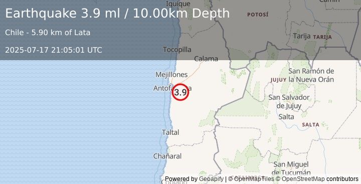 Earthquake ANTOFAGASTA, CHILE (3.7 ml) (2025-07-17 21:05:02 UTC)